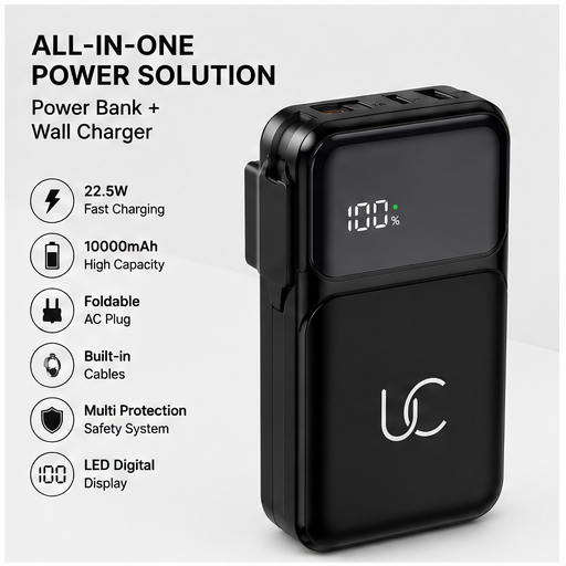 UC Urban Case PB-08 Foldable Plug-in Power Bank 10000mAh | 22.5W Fast Charging | Built-in AC Plug | USB-C & Lightning Cable | PD 20W