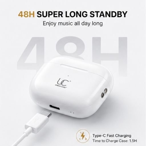 UC Urban Case UC Pods 2nd Generation TWS Earbuds | Bluetooth 5.3 | Type-C Fast Charging | 48 Hours Playback | ENC Stereo Sound | Touch Control | White