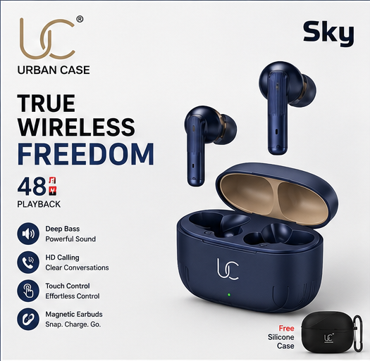 UC Urban Case Sky True Wireless Earbuds | Bluetooth 5.3 | 48H Battery Backup | HD Stereo Sound | Smart Touch Control | FREE Silicone Protective Case | Sky Blue