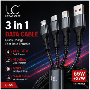 grid-piece-1-1-14.png UC Urban Case C-55 3-in-1 Fast Charging Data Cable | USB-A to USB Type-C, Lightning & Micro USB | 65W + 27W Fast Charging | Nylon Braided | Black