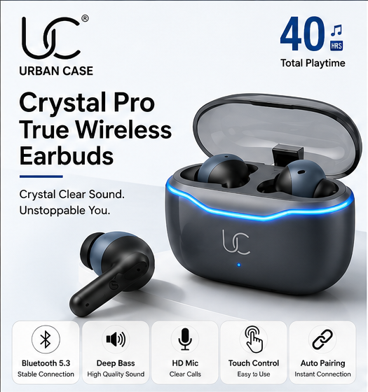 UC Urban Case Crystal Pro True Wireless Earbuds | Bluetooth 5.3 | 40H Battery Backup | HD Stereo Sound | Smart Touch Control | Crystal Grey