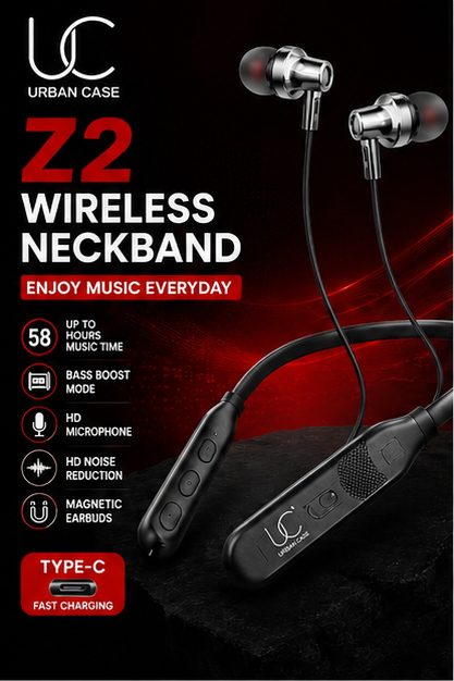 UC Urban Case Z2 Wireless Bluetooth Neckband | Bluetooth 5.4 | 58H Music Playback | 70H Talk Time | USB Type-C Fast Charging | Magnetic Earphones | Black