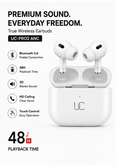 UC Urban Case UC-PRO2 ANC True Wireless Earbuds | Bluetooth 5.6 | Active Noise Cancellation | 48 Hours Playback | USB Type-C Fast Charging | HD Calling | White