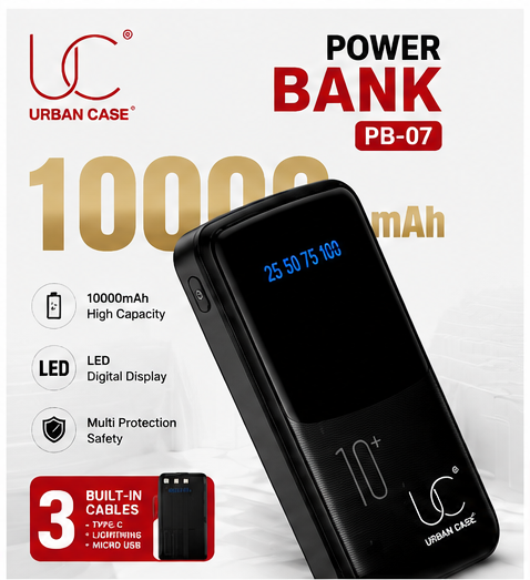 UC Urban Case PB-07 10000mAh Power Bank | LED Digital Display | Built-in USB Type-C, Lightning & Micro USB Cables | Dual USB Output | Portable Fast Charging | Black