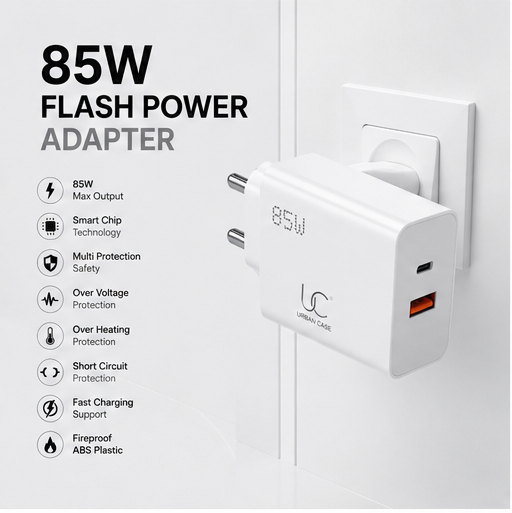 UC Urban Case 85W Flash Power Adapter | USB-C PD + USB-A Fast Charger | SuperVOOC, QC & PD Support | Dual Port Wall Charger | White
