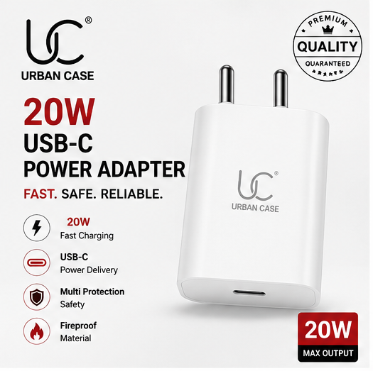 UC Urban Case 20W USB-C Power Adapter | USB-C PD Fast Charger | Compact Wall Charger for iPhone, Android & More | White
