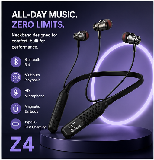 UC Urban Case Z4 Wireless Bluetooth Neckband | Bluetooth 5.4 | 60H Music Playback | 70H Talk Time | USB Type-C Fast Charging | Magnetic Earphones | Black