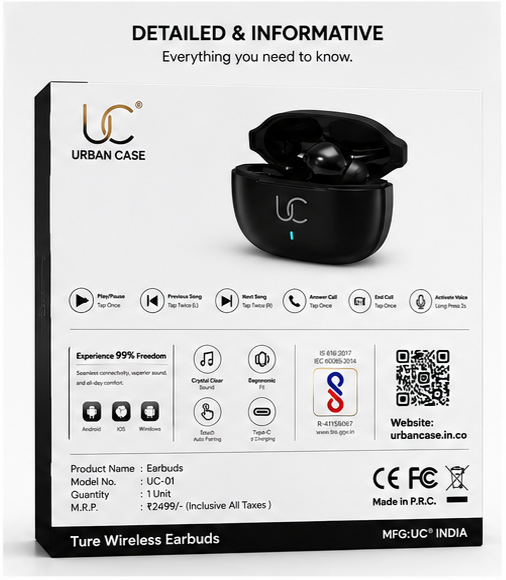 UC Urban Case UC-01 True Wireless Earbuds | Bluetooth 5.3 | 48 Hours Playback | 3D Stereo Sound | HD Calling | Smart Touch Control | Black