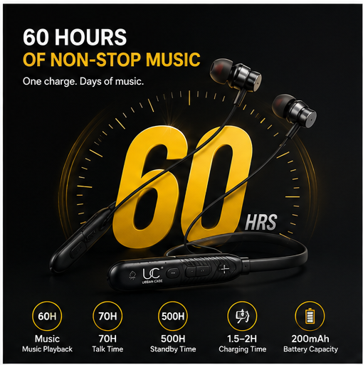 UC Urban Case Z3 Wireless Bluetooth Neckband | Bluetooth 5.4 | 60H Music Playback | 70H Talk Time | USB Type-C Fast Charging | Magnetic Earphones | Black