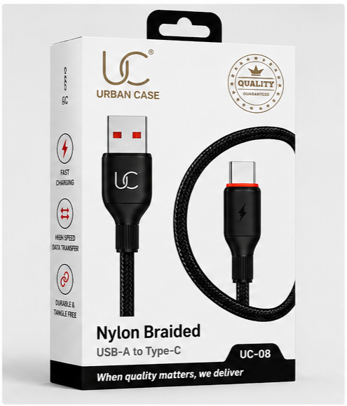 UC Urban Case UC-08 Nylon Braided USB-A to USB Type-C Fast Charging Cable | High-Speed Data Sync | Durable Braided Charging Cable | Black
