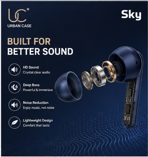 UC Urban Case Sky True Wireless Earbuds | Bluetooth 5.3 | 48H Battery Backup | HD Stereo Sound | Smart Touch Control | FREE Silicone Protective Case | Sky Blue
