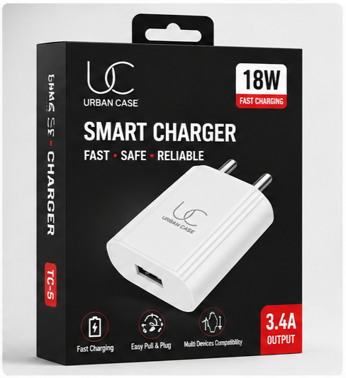 UC Urban Case TC-5 18W Smart Charger | 3.4A Fast Charging USB Wall Adapter | USB-A Power Adapter | White
