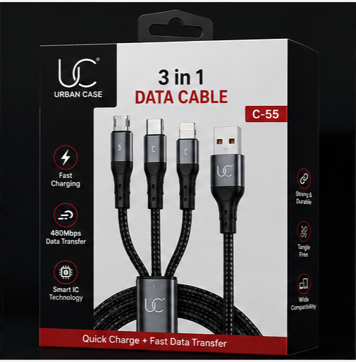 UC Urban Case C-55 3-in-1 Fast Charging Data Cable | USB-A to USB Type-C, Lightning & Micro USB | 65W + 27W Fast Charging | Nylon Braided | Black
