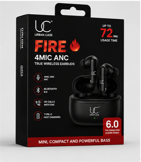 UC Urban Case FIRE 4MIC ANC True Wireless Earbuds | Bluetooth 6.0 | 72H Playback | 4-Mic ANC + ENC | USB Type-C Fast Charging | Smart Touch Controls