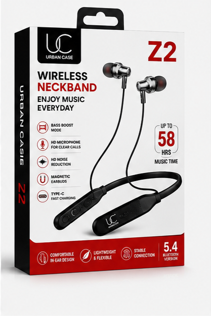 UC Urban Case Z2 Wireless Bluetooth Neckband | Bluetooth 5.4 | 58H Music Playback | 70H Talk Time | USB Type-C Fast Charging | Magnetic Earphones | Black