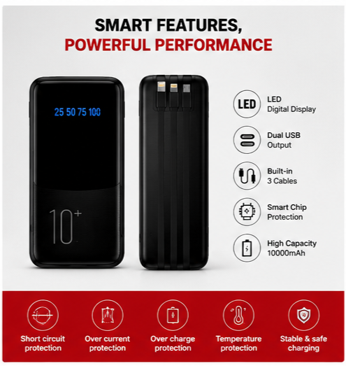 UC Urban Case PB-07 10000mAh Power Bank | LED Digital Display | Built-in USB Type-C, Lightning & Micro USB Cables | Dual USB Output | Portable Fast Charging | Black
