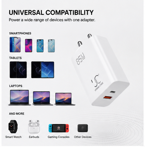 UC Urban Case 85W Flash Power Adapter | USB-C PD + USB-A Fast Charger | SuperVOOC, QC & PD Support | Dual Port Wall Charger | White