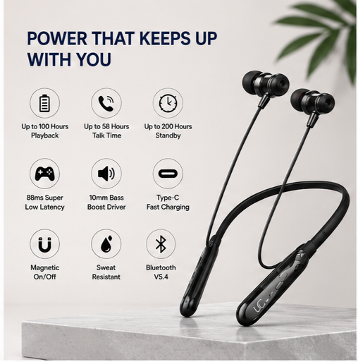 grid-piece-1-2-6.png UC Urban Case UBT-12 Wireless Bluetooth Neckband Earphones | 100H Playback | Bluetooth 5.4 | USB Type-C Fast Charging | Magnetic Earbuds | Black