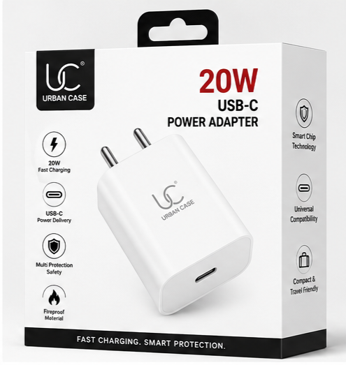 UC Urban Case 20W USB-C Power Adapter | USB-C PD Fast Charger | Compact Wall Charger for iPhone, Android & More | White