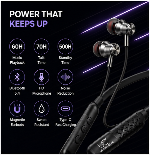UC Urban Case Z4 Wireless Bluetooth Neckband | Bluetooth 5.4 | 60H Music Playback | 70H Talk Time | USB Type-C Fast Charging | Magnetic Earphones | Black