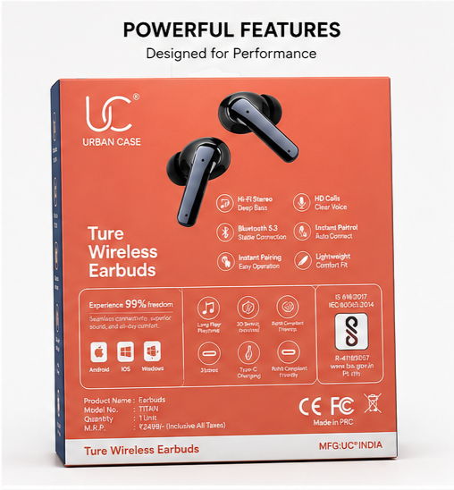 UC Urban Case TITAN True Wireless Earbuds | Bluetooth 5.3 | 48 Hours Playback | 3D Stereo Sound | Type-C Fast Charging | Touch Control