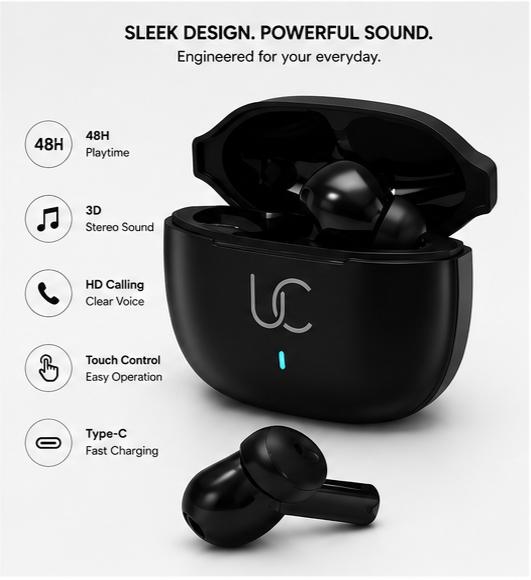 UC Urban Case UC-01 True Wireless Earbuds | Bluetooth 5.3 | 48 Hours Playback | 3D Stereo Sound | HD Calling | Smart Touch Control | Black