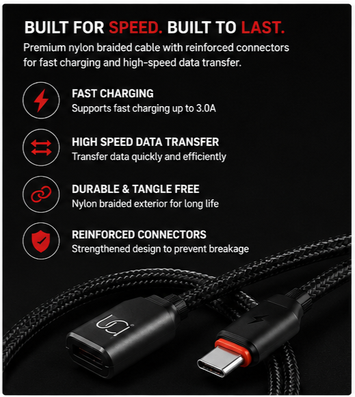 UC Urban Case UC-08 Nylon Braided USB-A to USB Type-C Fast Charging Cable | High-Speed Data Sync | Durable Braided Charging Cable | Black
