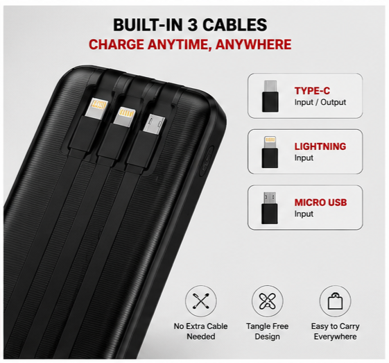 UC Urban Case PB-07 10000mAh Power Bank | LED Digital Display | Built-in USB Type-C, Lightning & Micro USB Cables | Dual USB Output | Portable Fast Charging | Black