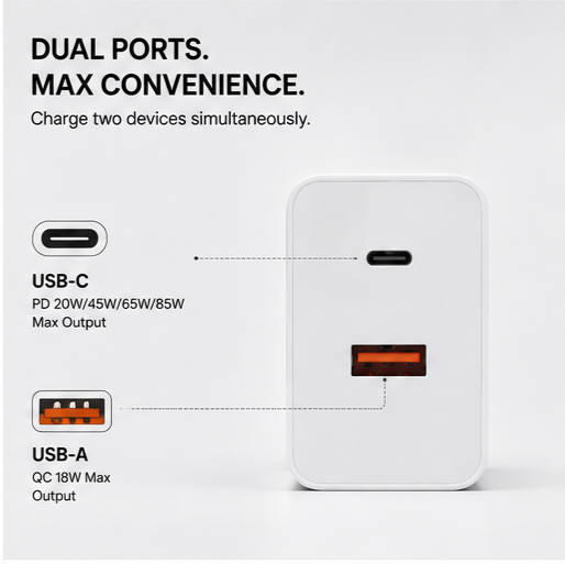 UC Urban Case 85W Flash Power Adapter | USB-C PD + USB-A Fast Charger | SuperVOOC, QC & PD Support | Dual Port Wall Charger | White