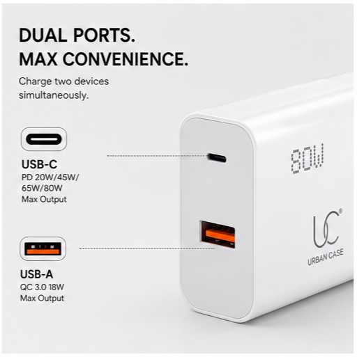 UC Urban Case 80W Flash Power Adapter | USB-A Fast Charger | SuperVOOC, Flash Charge & QC Support | Compact Fast Charging Wall Adapter | White
