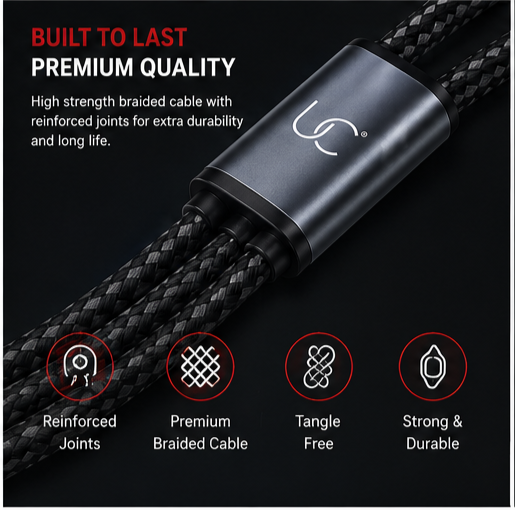 UC Urban Case C-55 3-in-1 Fast Charging Data Cable | USB-A to USB Type-C, Lightning & Micro USB | 65W + 27W Fast Charging | Nylon Braided | Black