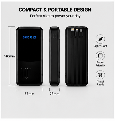 UC Urban Case PB-07 10000mAh Power Bank | LED Digital Display | Built-in USB Type-C, Lightning & Micro USB Cables | Dual USB Output | Portable Fast Charging | Black