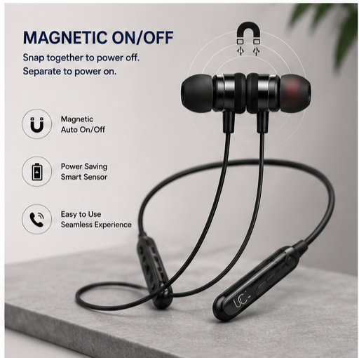 grid-piece-2-1-6.png UC Urban Case UBT-12 Wireless Bluetooth Neckband Earphones | 100H Playback | Bluetooth 5.4 | USB Type-C Fast Charging | Magnetic Earbuds | Black