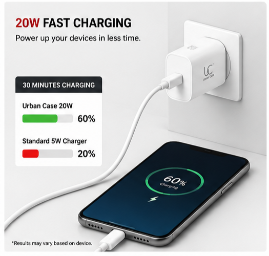 UC Urban Case 20W USB-C Power Adapter | USB-C PD Fast Charger | Compact Wall Charger for iPhone, Android & More | White