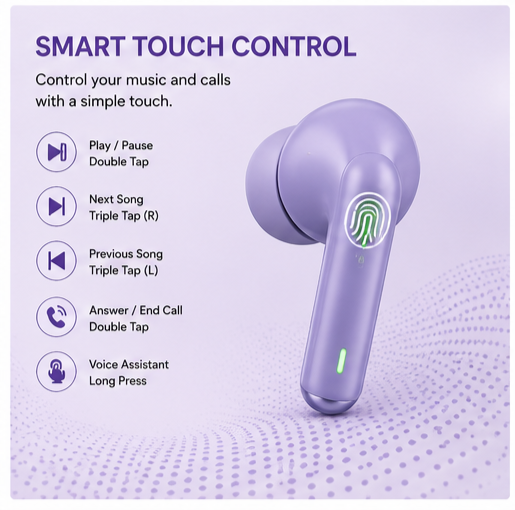 UC Urban Case Purple True Wireless Earbuds | Bluetooth 5.3 | 48H Battery Backup | HD Stereo Sound | Smart Touch Control | TWS Earbuds | Purple