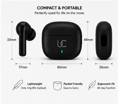 UC Urban Case UC-01 True Wireless Earbuds | Bluetooth 5.3 | 48 Hours Playback | 3D Stereo Sound | HD Calling | Smart Touch Control | Black