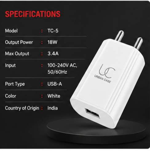 UC Urban Case TC-5 18W Smart Charger | 3.4A Fast Charging USB Wall Adapter | USB-A Power Adapter | White