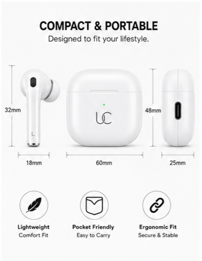 UC Urban Case UC-PRO2 ANC True Wireless Earbuds | Bluetooth 5.6 | Active Noise Cancellation | 48 Hours Playback | USB Type-C Fast Charging | HD Calling | White