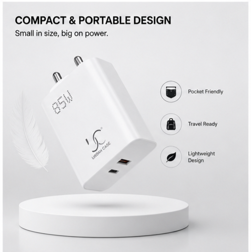 UC Urban Case 85W Flash Power Adapter | USB-C PD + USB-A Fast Charger | SuperVOOC, QC & PD Support | Dual Port Wall Charger | White