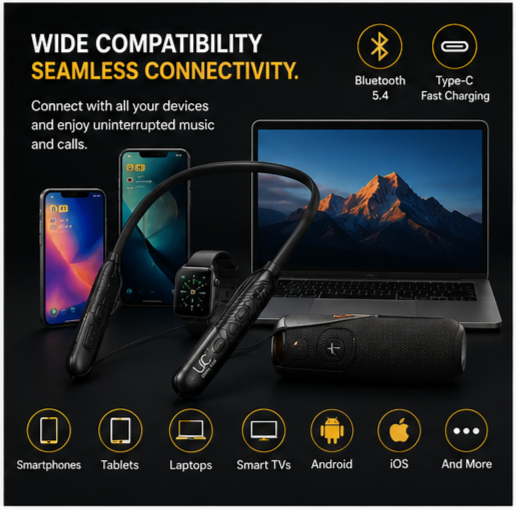 UC Urban Case Z3 Wireless Bluetooth Neckband | Bluetooth 5.4 | 60H Music Playback | 70H Talk Time | USB Type-C Fast Charging | Magnetic Earphones | Black