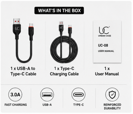 UC Urban Case UC-08 Nylon Braided USB-A to USB Type-C Fast Charging Cable | High-Speed Data Sync | Durable Braided Charging Cable | Black