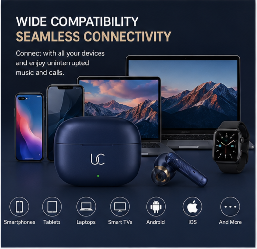 UC Urban Case Sky True Wireless Earbuds | Bluetooth 5.3 | 48H Battery Backup | HD Stereo Sound | Smart Touch Control | FREE Silicone Protective Case | Sky Blue