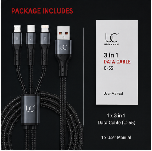 UC Urban Case C-55 3-in-1 Fast Charging Data Cable | USB-A to USB Type-C, Lightning & Micro USB | 65W + 27W Fast Charging | Nylon Braided | Black
