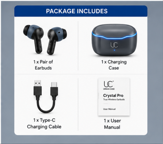 UC Urban Case Crystal Pro True Wireless Earbuds | Bluetooth 5.3 | 40H Battery Backup | HD Stereo Sound | Smart Touch Control | Crystal Grey