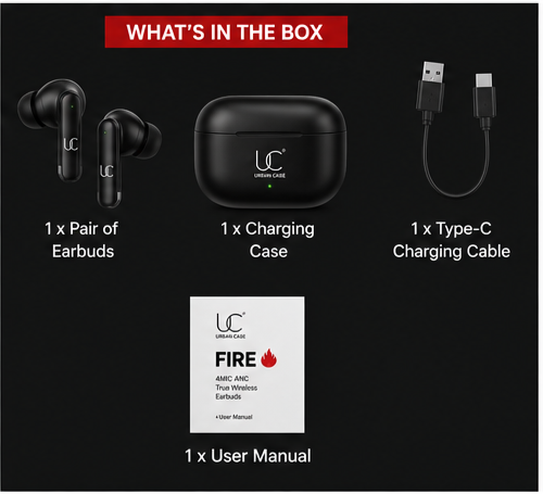 UC Urban Case FIRE 4MIC ANC True Wireless Earbuds | Bluetooth 6.0 | 72H Playback | 4-Mic ANC + ENC | USB Type-C Fast Charging | Smart Touch Controls