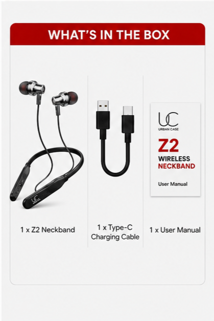 UC Urban Case Z2 Wireless Bluetooth Neckband | Bluetooth 5.4 | 58H Music Playback | 70H Talk Time | USB Type-C Fast Charging | Magnetic Earphones | Black