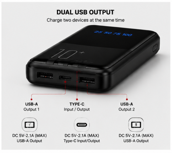 UC Urban Case PB-07 10000mAh Power Bank | LED Digital Display | Built-in USB Type-C, Lightning & Micro USB Cables | Dual USB Output | Portable Fast Charging | Black
