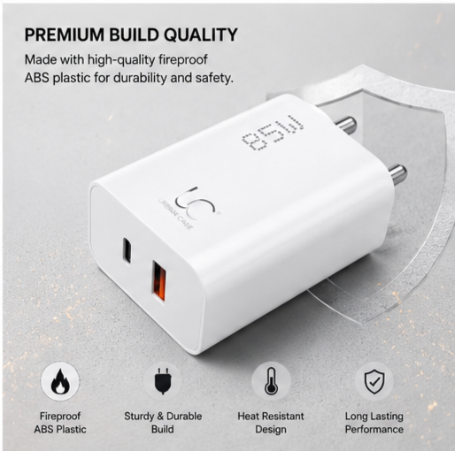 UC Urban Case 85W Flash Power Adapter | USB-C PD + USB-A Fast Charger | SuperVOOC, QC & PD Support | Dual Port Wall Charger | White