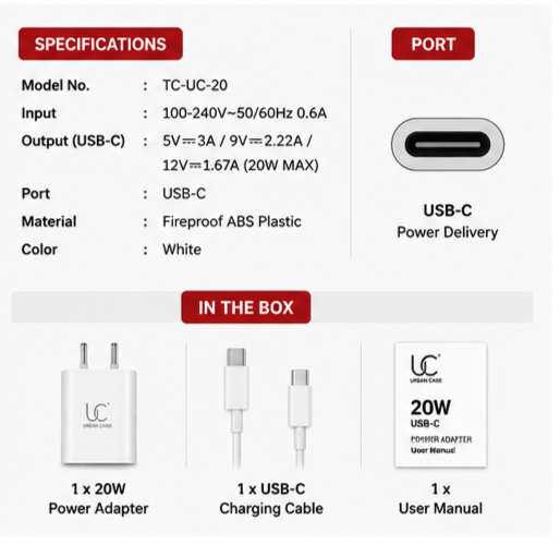 UC Urban Case 20W USB-C Power Adapter | USB-C PD Fast Charger | Compact Wall Charger for iPhone, Android & More | White