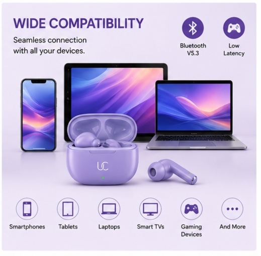 UC Urban Case Purple True Wireless Earbuds | Bluetooth 5.3 | 48H Battery Backup | HD Stereo Sound | Smart Touch Control | TWS Earbuds | Purple